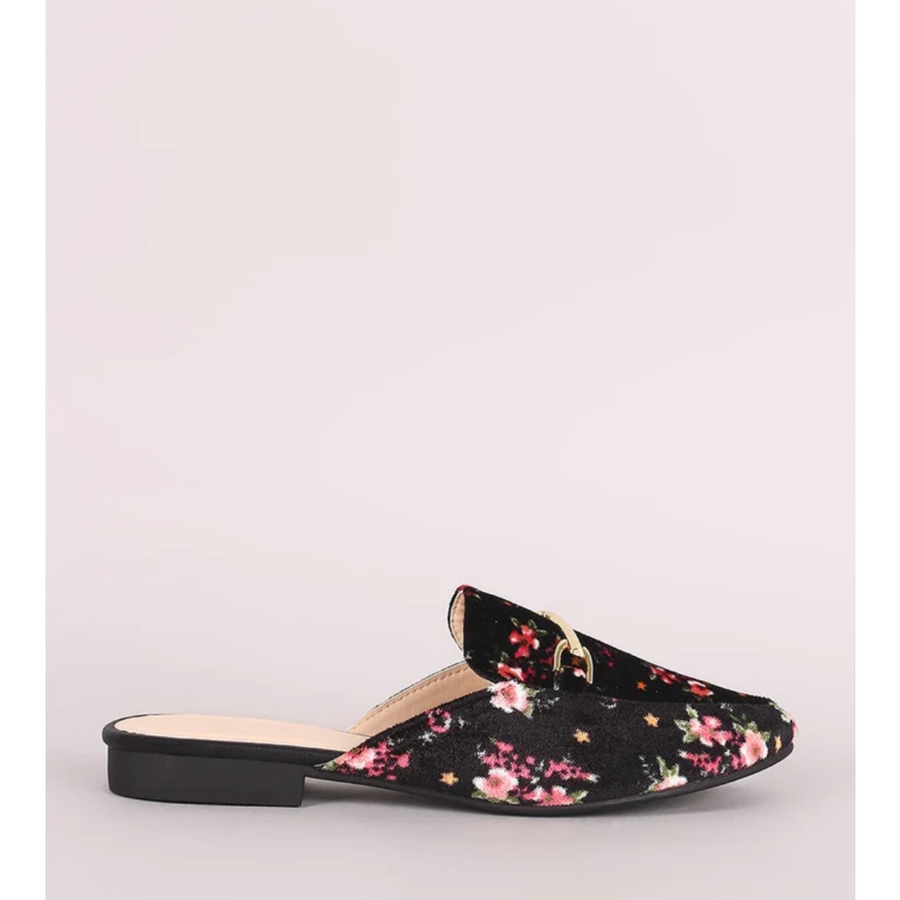 QUPID FLORAL PRINT VELVET HORSEBIT SLIP ON LOAFER MULES